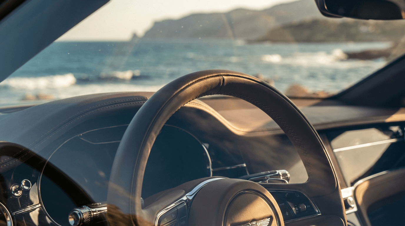Luxury sports car on coastal highway with Miami backdrop
