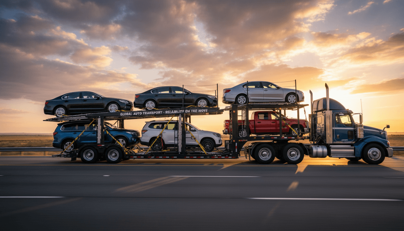 Luxury sports car secured on professional export transport vehicle