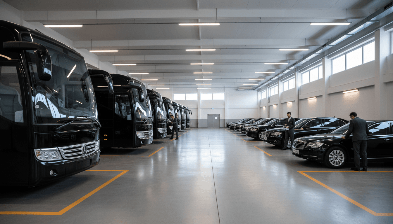 Fleet of polished luxury coaches and sedans lined up in pristine depot facility with professional staff conducting vehicle inspections