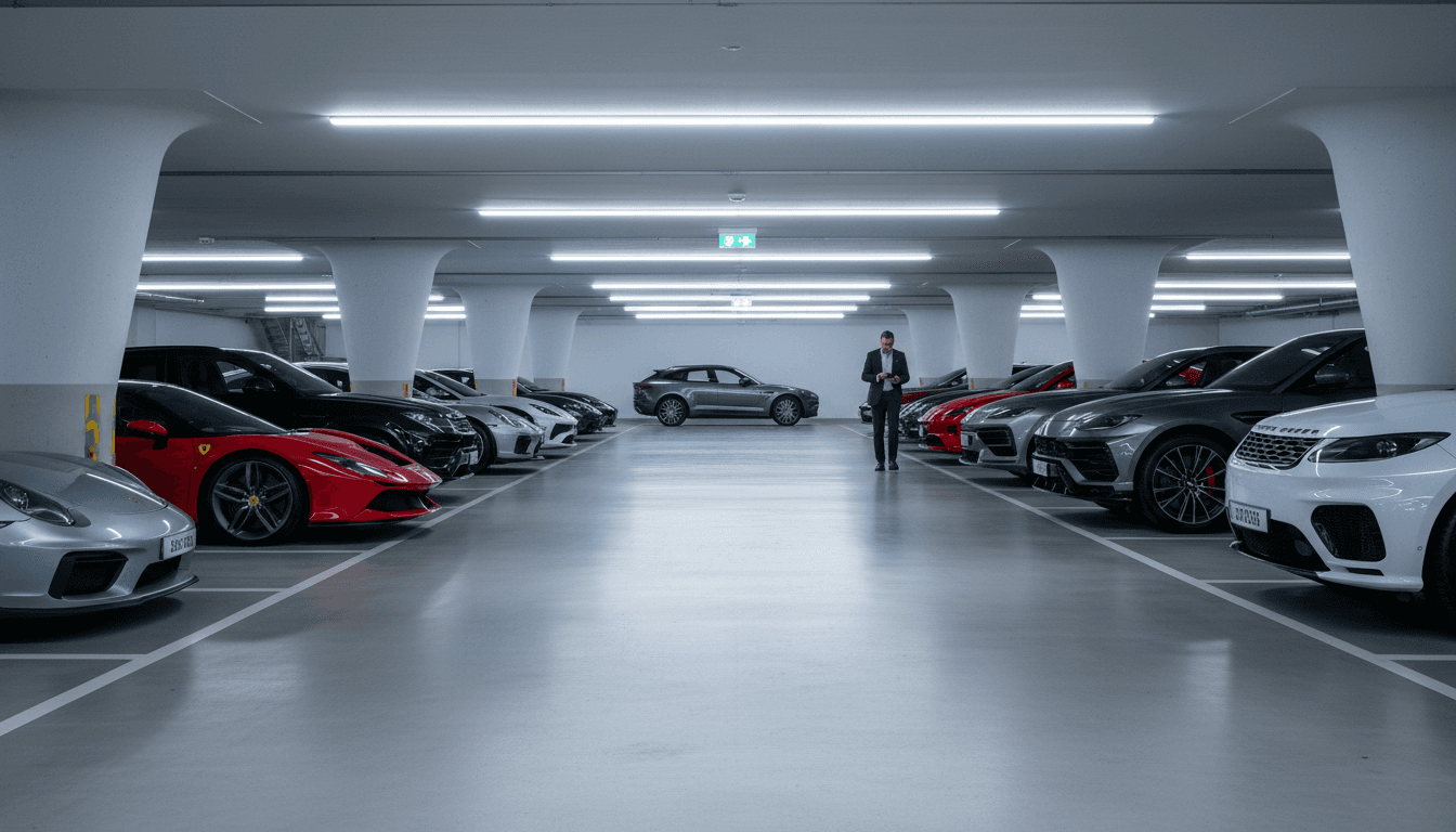 Modern luxury parking garage displaying fleet of premium sports cars and SUVs in organized rows