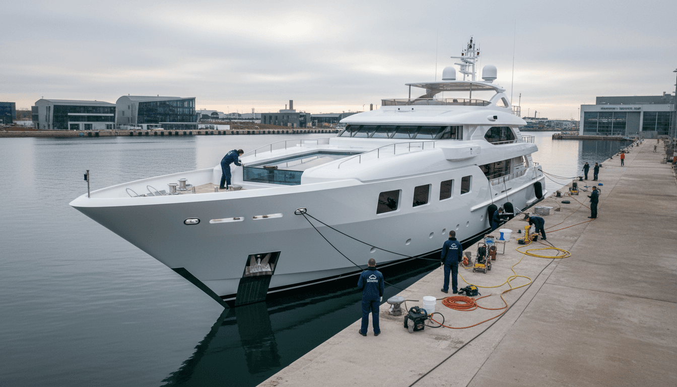 Premium yacht docked at waterfront